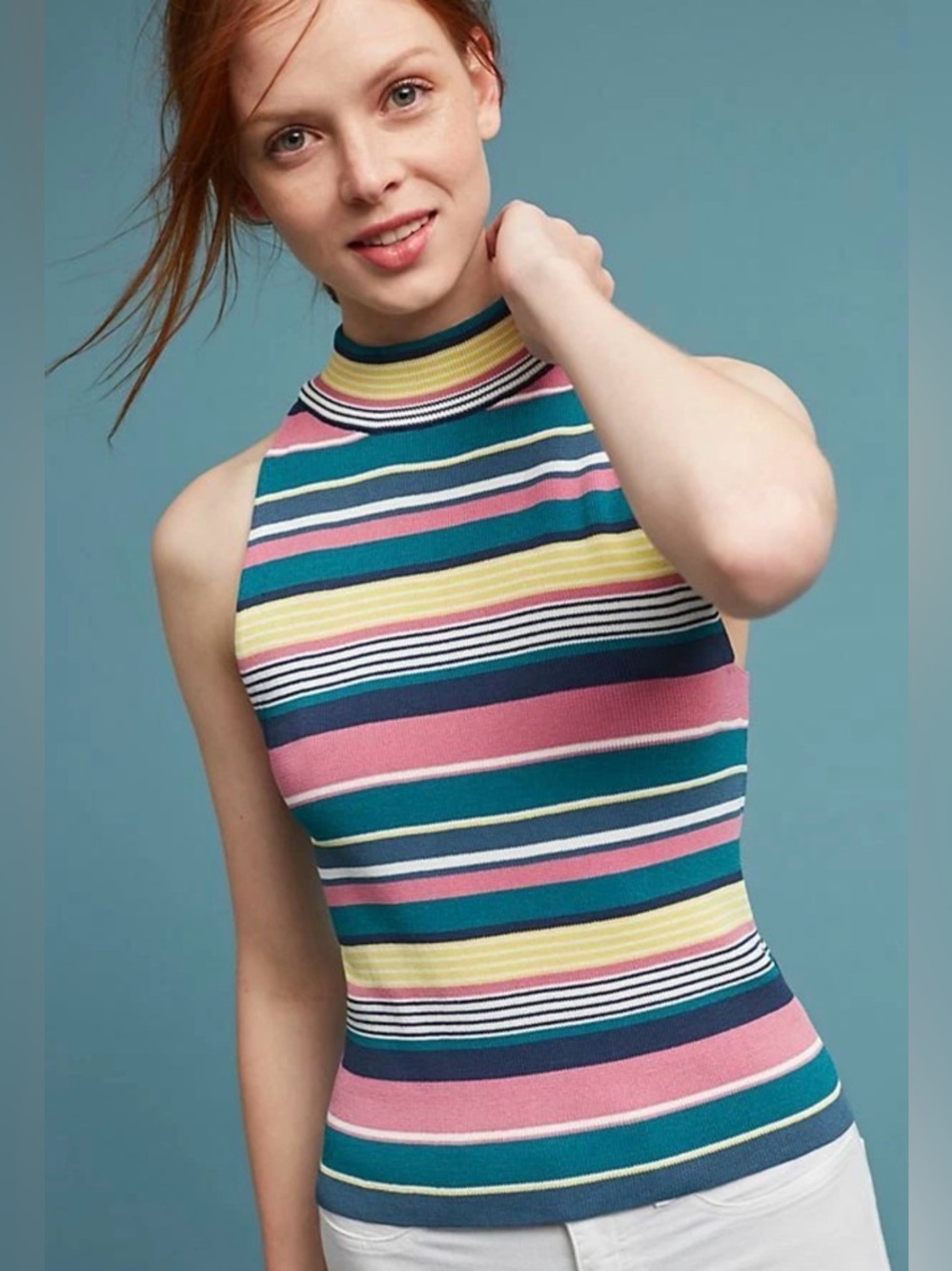 Maeve Striped High-Neck Tank in Pink, Yellow & Teal